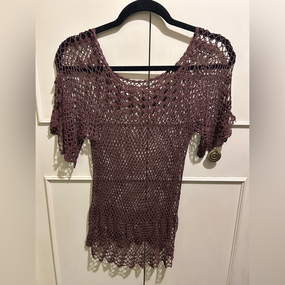 Brown Crochet Sheer Open Knit Cap Sleeve BOHO Top Size Small